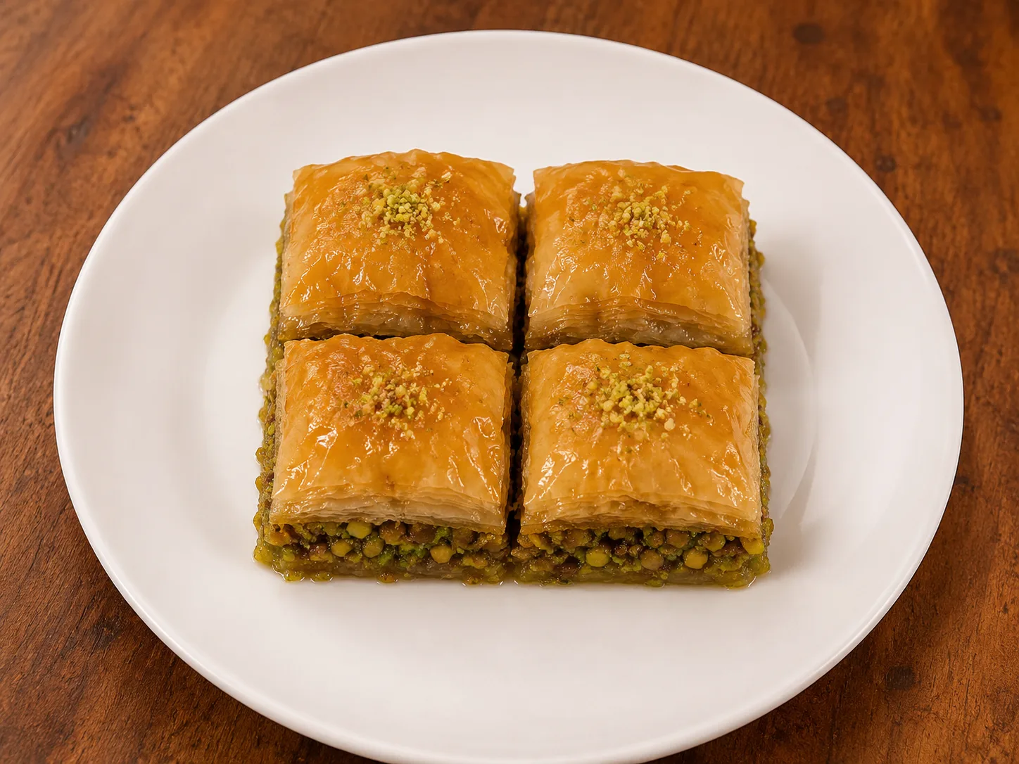 Pistachio baklava, layered thin and baked to amber