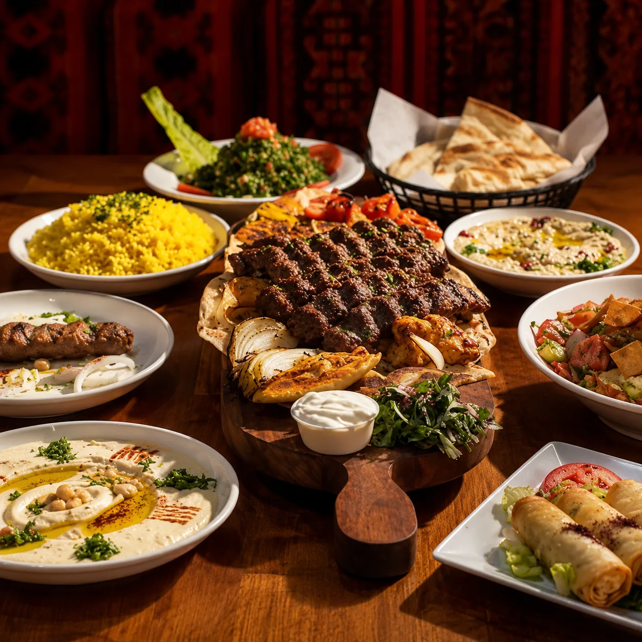 A full Damascene spread — grilled platter, mezze, salads and warm bread