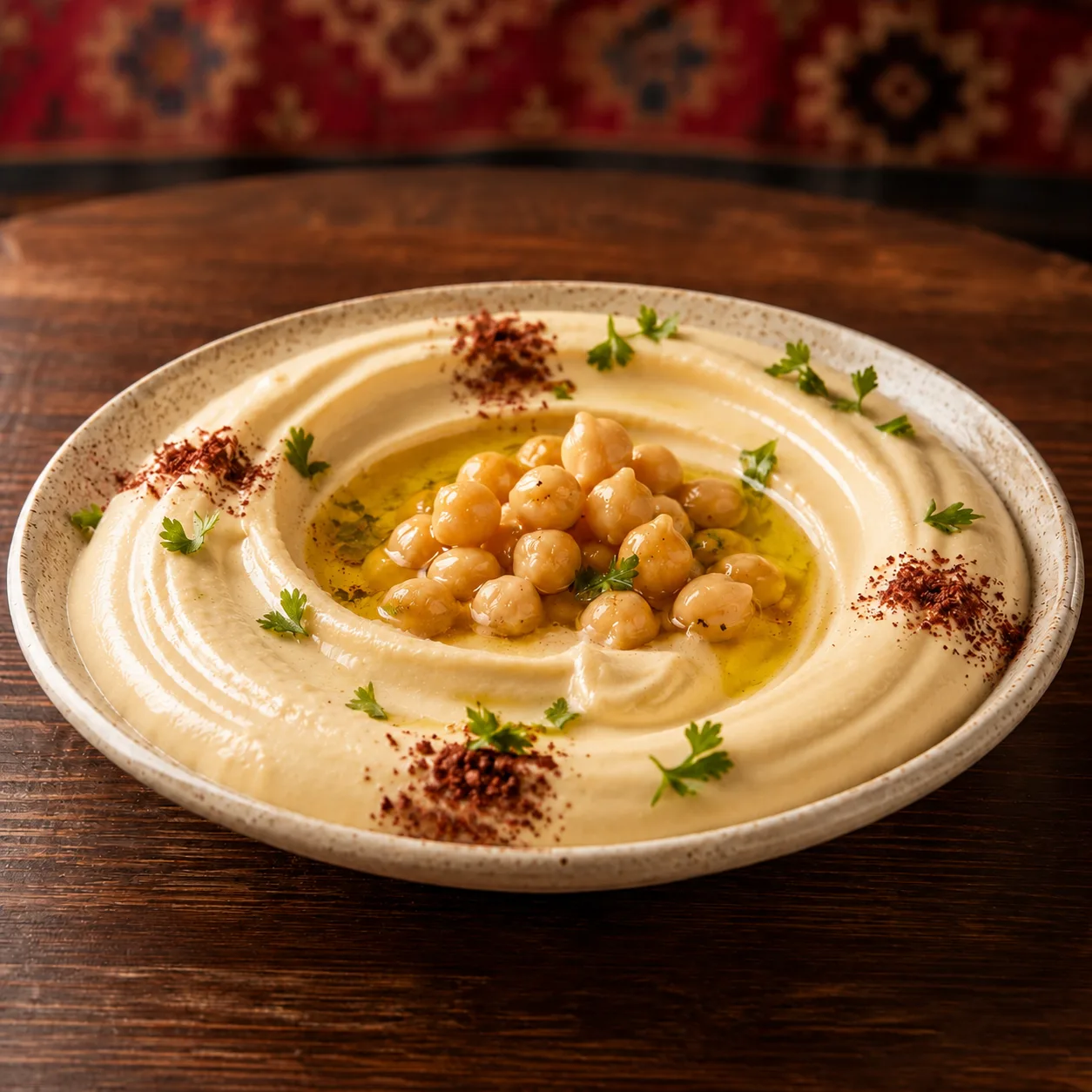 Hummus finished with olive oil, sumac and parsley in a ceramic bowl
